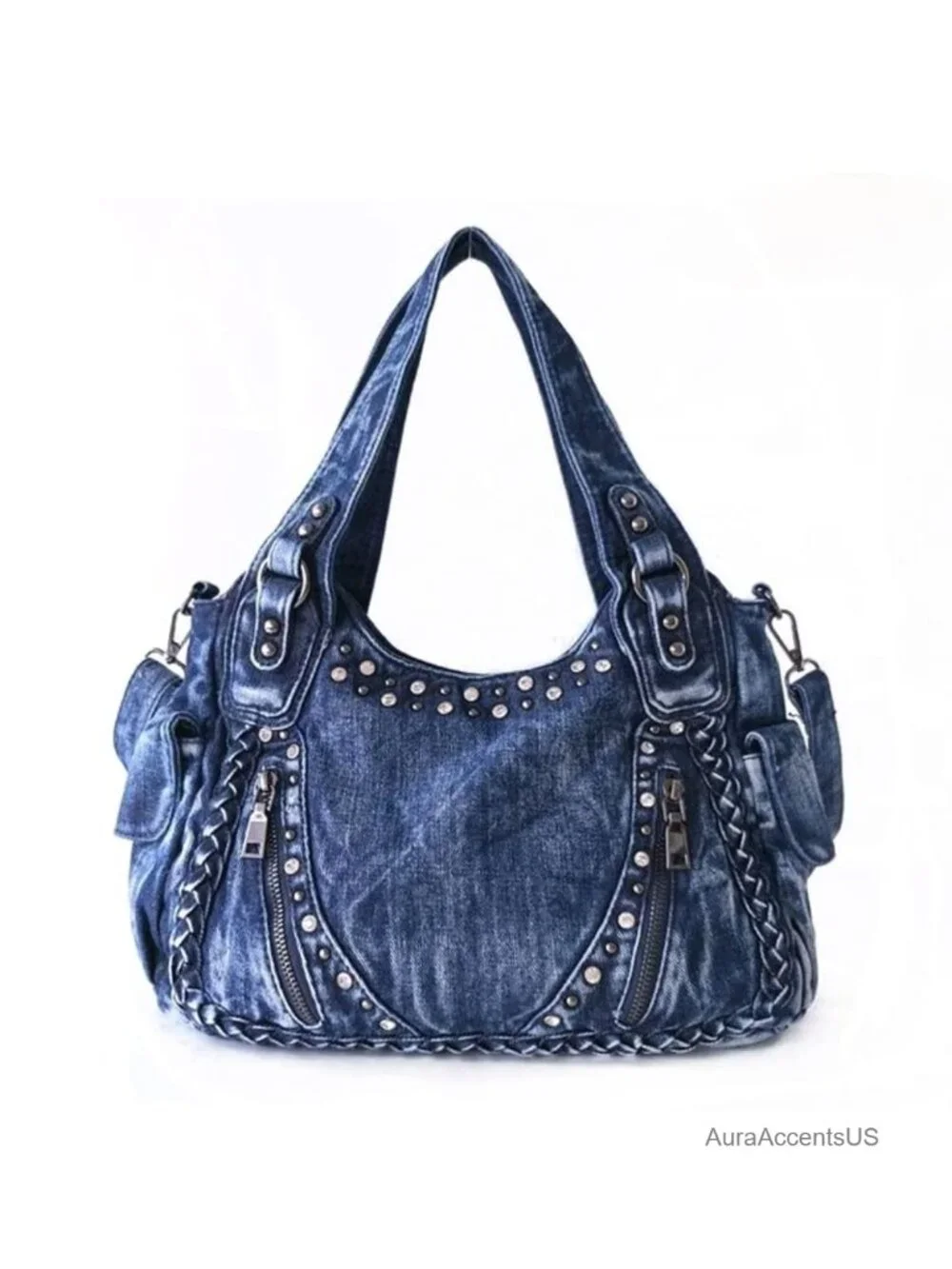 Vintage Denim Weave Rivet Tote Bag Crossbody Shoulder Bag